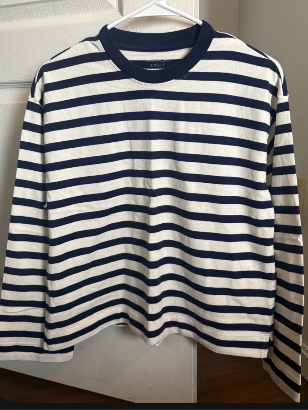 American Eagle Navy + White Striped Crewneck Tee NWT, size small 100% cotton